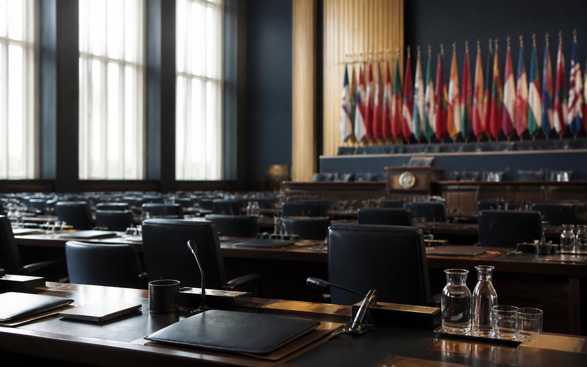 International assembly hall with delegate desks and national flags